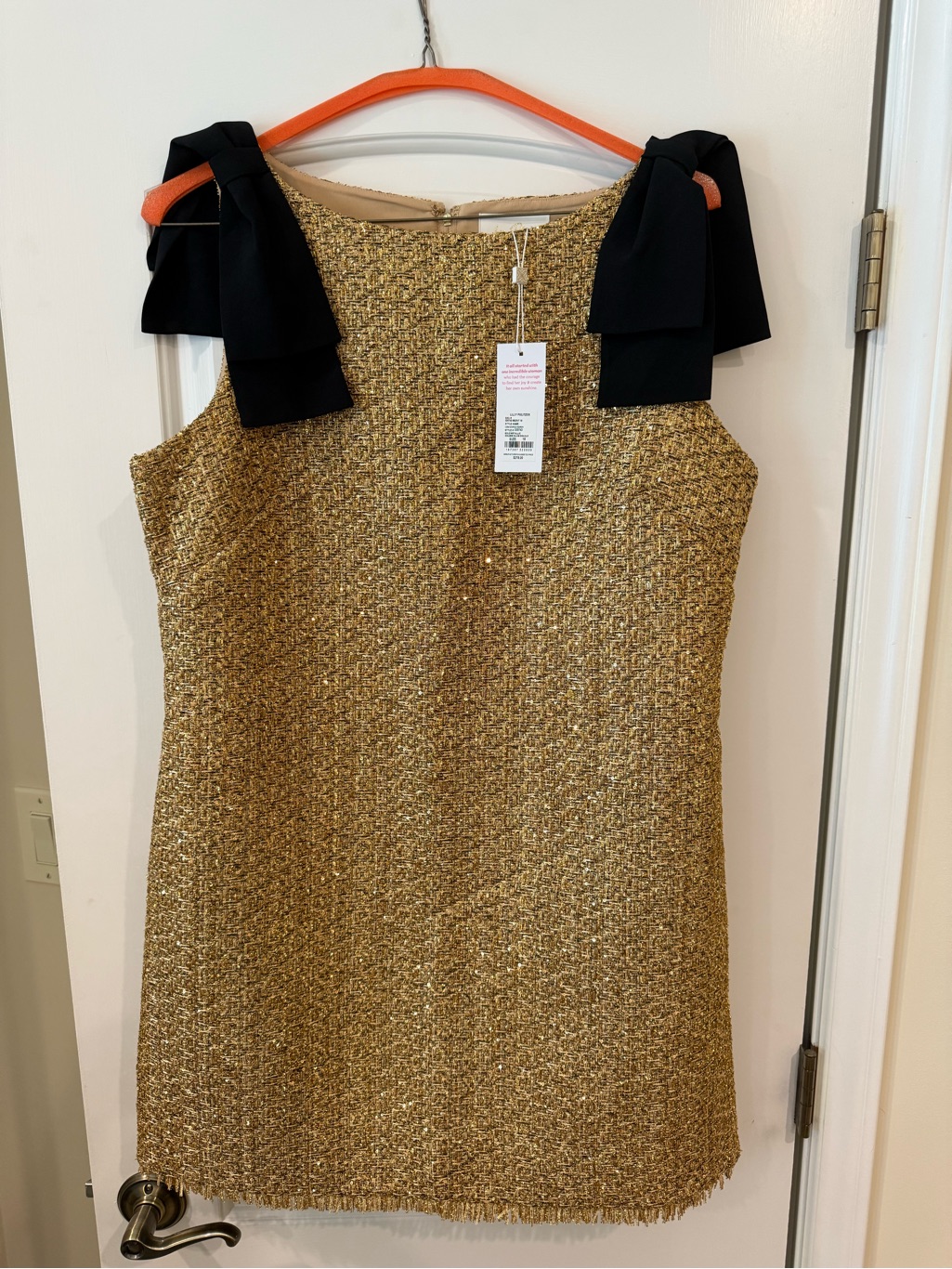 New Lilly Pulitzer Sleeveless Gold Tweed Shift Dress With Black Shoulder Bows